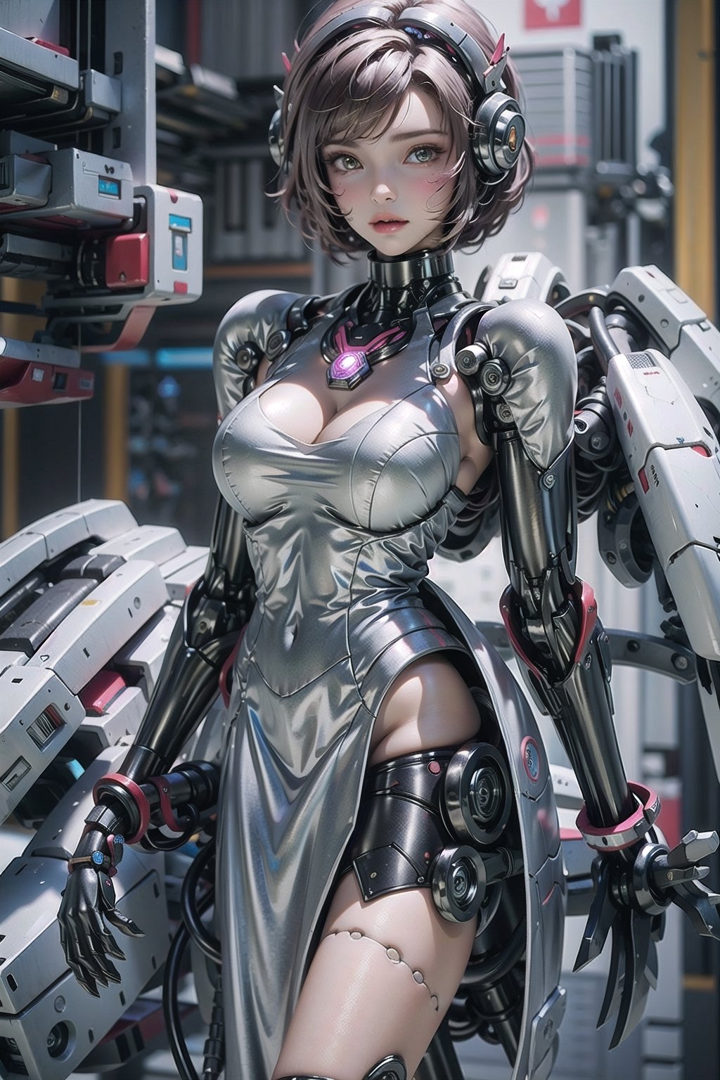 masterpiece, best quality, A cyborg woman, 20yr old, clean and very detailed faces and hands, beautiful brown heir, she's standing at her office,  ((wearing white dress)), ((cyborg)),  fine details of clothing, Smooth body lines, robotic parts, robotic hands, vibrant details, hyper realistic, anatomical, cable electric wires, microchip, elegant, sun light from window, hyper realistic concept, 8k resolution,mecha