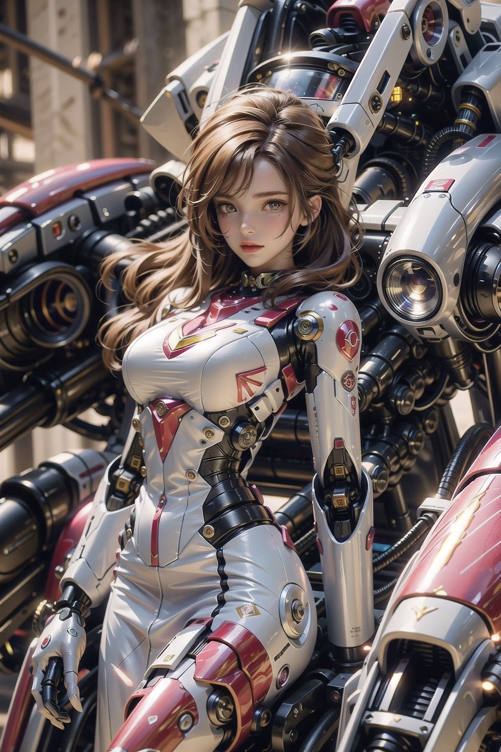 masterpiece, best quality, A cyborg woman, 20yr old, clean and very detailed faces and hands, beautiful brown heir, she's standing at her office,  ((wearing white dress)), ((cyborg)),  fine details of clothing, Smooth body lines, robotic parts, robotic hands, vibrant details, hyper realistic, anatomical, cable electric wires, microchip, elegant, sun light from window, hyper realistic concept, 8k resolution,mecha,car,More Detail