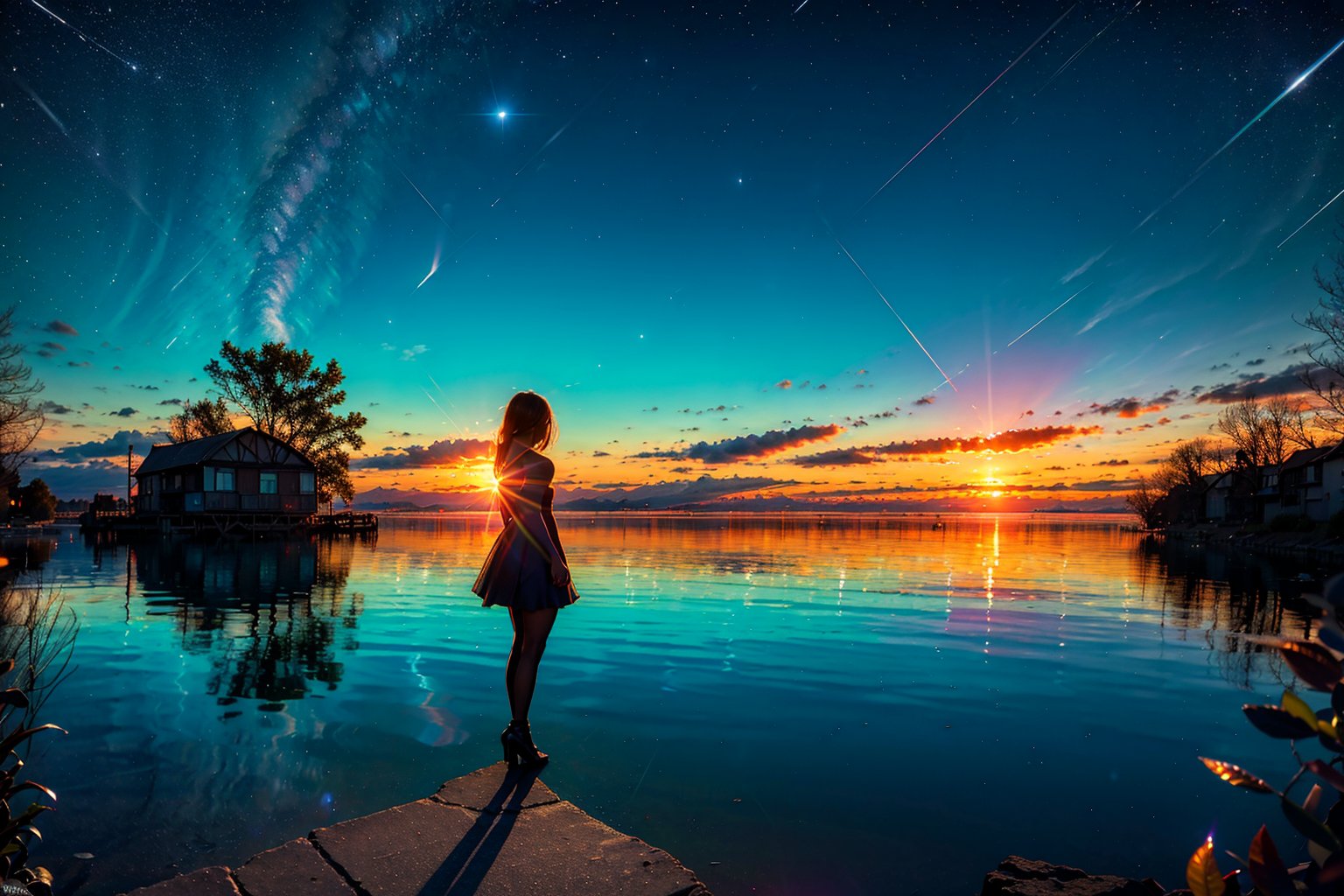 masterpiece, best quality, highres, (photo realistic:1.4), Photorealism, Magic hour at dusk, the lake mirrored like Lake Uyuni reflecting the night view of the city on the opposite shore, a girl standing on the shore of the lake, the girl's figure silhouetted, ,	 SILHOUETTE LIGHT PARTICLES