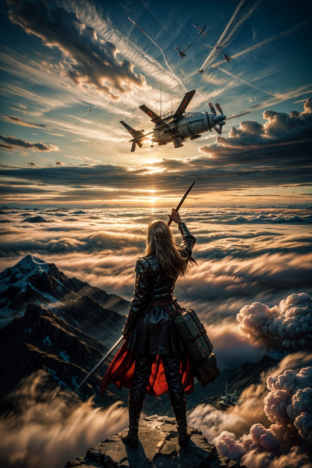 masterpiece, best quality, highres, (photo realistic:1.4), ((A airship flying over the  mountains that covered in a sea of clouds)), 1 airship, (The back view of a  girl with sword standing at the top of a mountain), (she fighting pause), dynamic pose, (The landscape turns red in the evening sunlight), sunlight is creating shadows,8 life size, 8K resolution, high detail, concept art, smooth,kirov