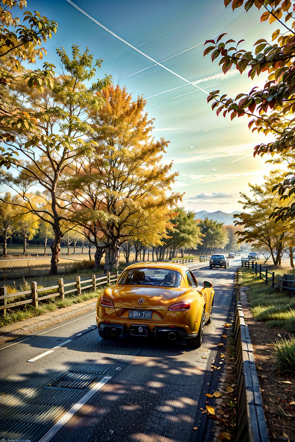masterpiece, best quality, High resolution, Photorealism, Autumn poplar tree avenue, Poplar leaves shine in the autumn setting sun, (oblique rays), ((The road is all yellow with fallen  poplar leaves)), blue sky, (A red open car coming towards us along a row of poplar trees),The sun's rays are shining on a red convertible car from the side, ,FFIXBG,no_humans,car