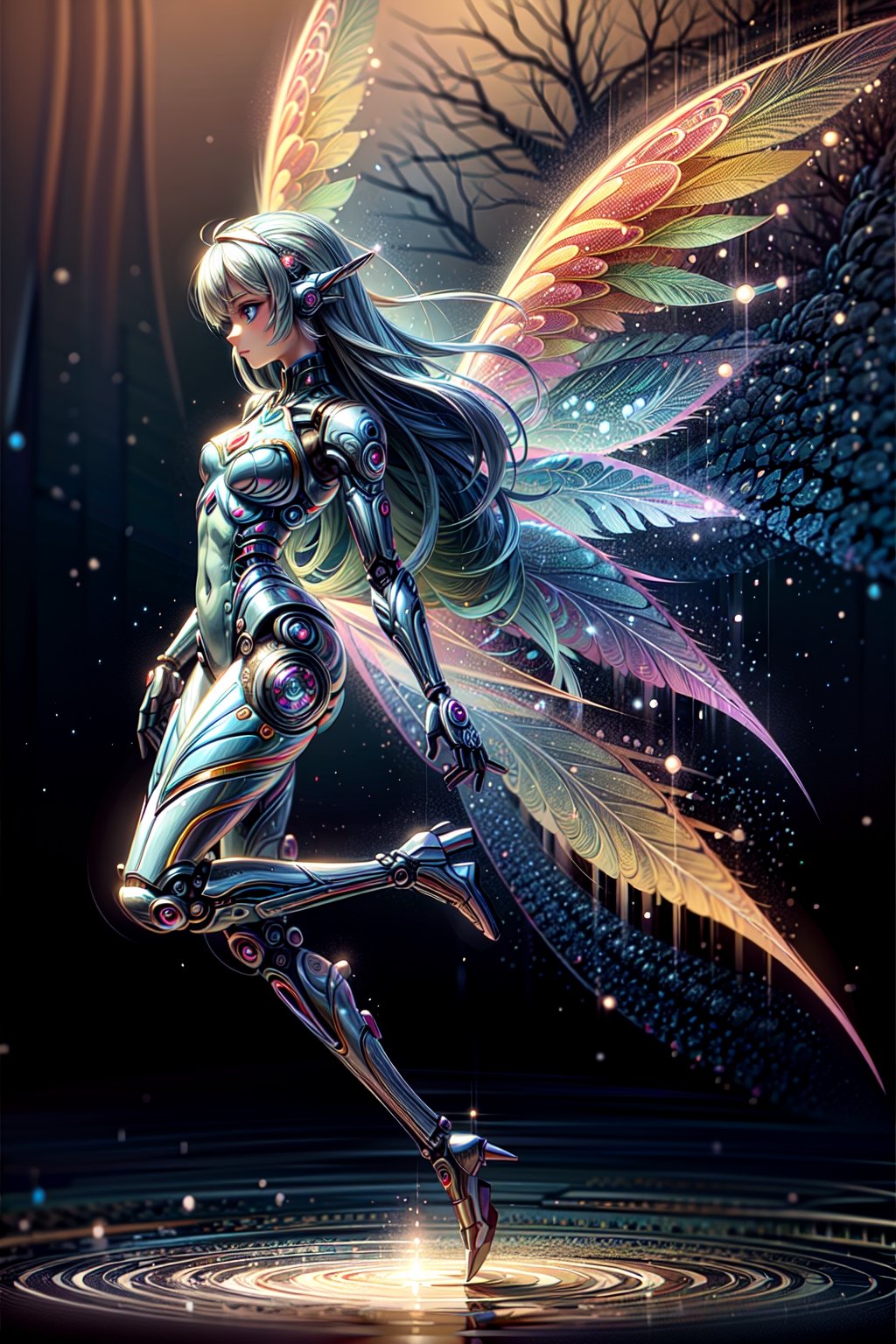 masterpiece, best quality, High resolution, hyper realistic concept, 8k resolution, A beautiful cyborg Fairy, female, 20yr old, crystal clear wings, smil, (full body), wearing blue satin short length one-piece suit, nice perfect face, clear white skin, blond hair, blue eyes, ((She is standing on tiptoe on the surface of a lake in the forest)). omplex 3d render ultra detailed of a beautiful woman, full body, large eyes, ((cyborg)), metallic luster body, robotic parts, robotic hands, vibrant details, luxurious cyberpunk, lace, hyper realistic, anatomical, facial muscles, cable electric wires, microchip, elegant, octane render, beautiful forest background,Mecha body,mecha,car
