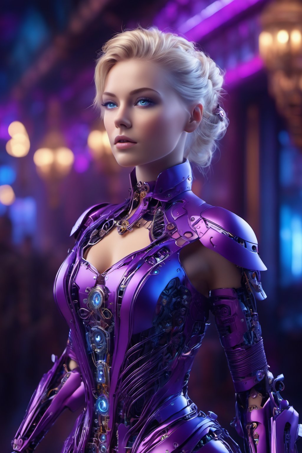 complex 3d render ultra detailed of a beautiful woman, full body, wearing 18th century purple aristocratic dress, nice perfect face, clear white skin, blond hair, blue eyes, ((she is standing  in dance hall)), cyborg, metallic luster body, robotic parts, robotic hands, vibrant details, luxurious cyberpunk, lace, hyper realistic, anatomical, facial muscles, cable electric wires, microchip, elegant, night street background, octane render,
,mecha,cyberpunk,steampunk style,cyborg style,HZ Steampunk,cyborg