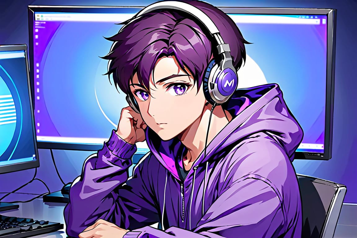 anime style, center, a man wearing a purple hoodie is sitting in front of a computer, a headset and mic in front view angle fornt side