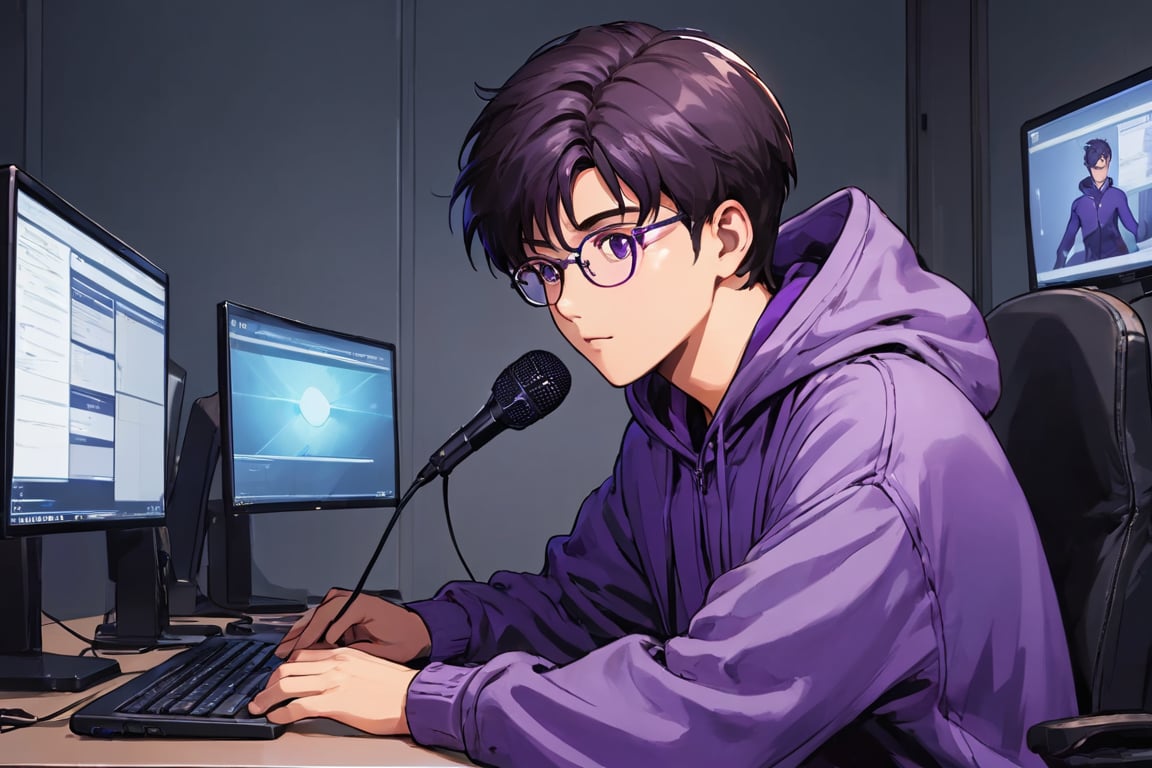 nerd behind his computer that has two external displays, anime style , center, a man wearing a purple hoodie is sitting in front of a computer, holding a microphone in front of him. To the right of the man