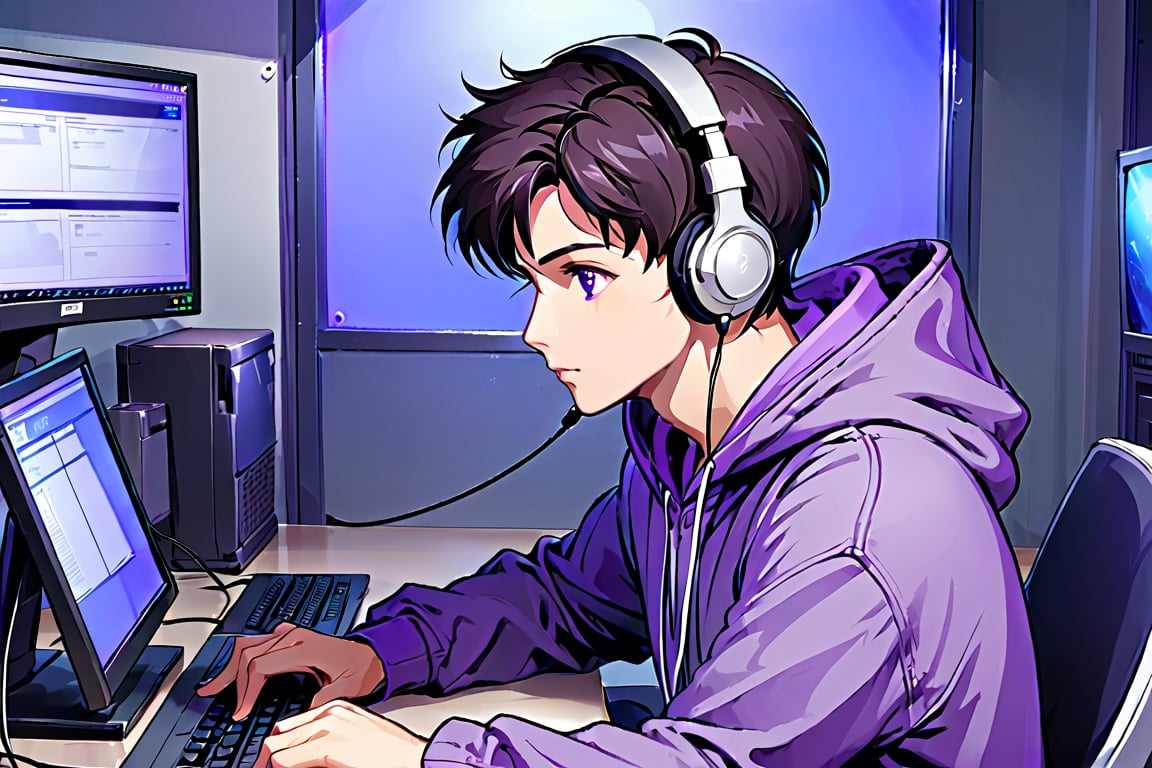 anime style, center, a man wearing a purple hoodie is sitting in front of a computer, a headset and mic in front view facing of him.