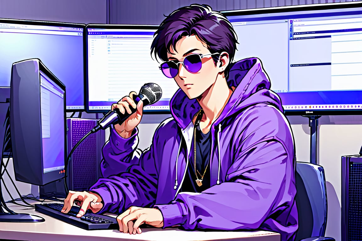 anime style, center, a man wearing a purple hoodie and sunglasses is sitting in front of a computer, a microphone stand in front of him. To the right of the man