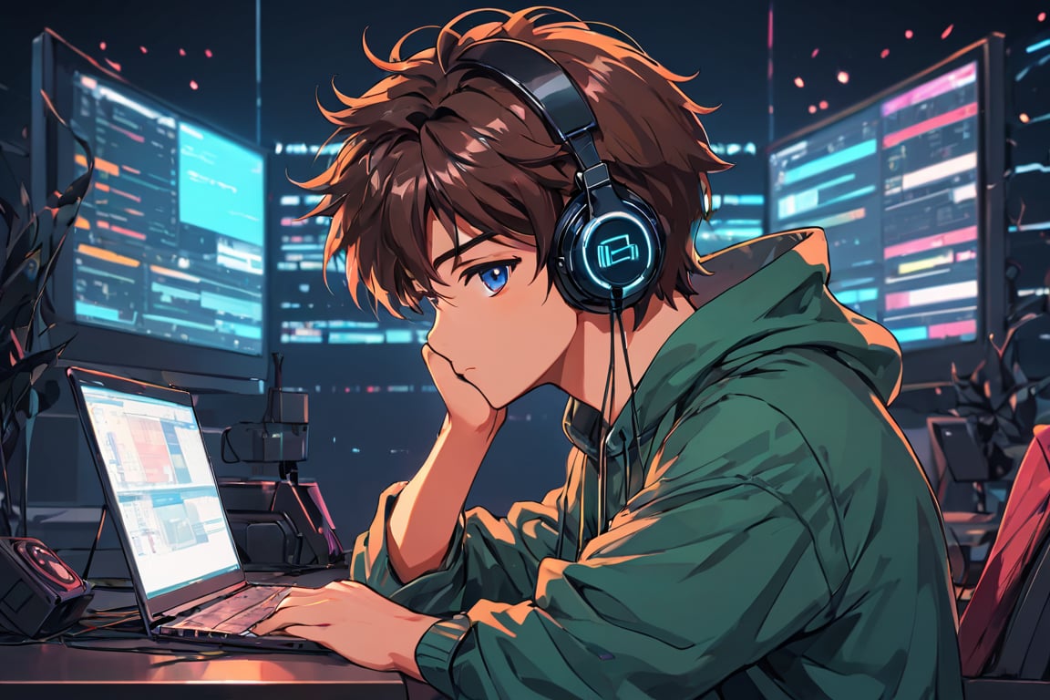 coder sitting looking on front side viewers and front of his laptop with his bi headphones on anime style, looking-at-viewer 4k hd wallpaper,