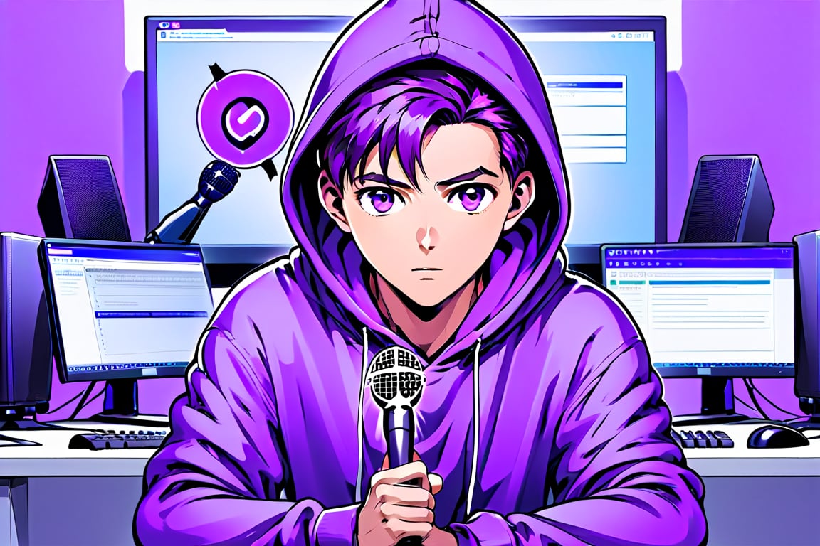 anime style, center, a man wearing a purple hoodie is sitting in front of a computer, holding a microphone in front of him. To the right of the man
Negative prompt: anime, cartoon, graphic, text, painting, crayon, graphite, abstract, glitch, deformed, mutated, ugly, disfigured