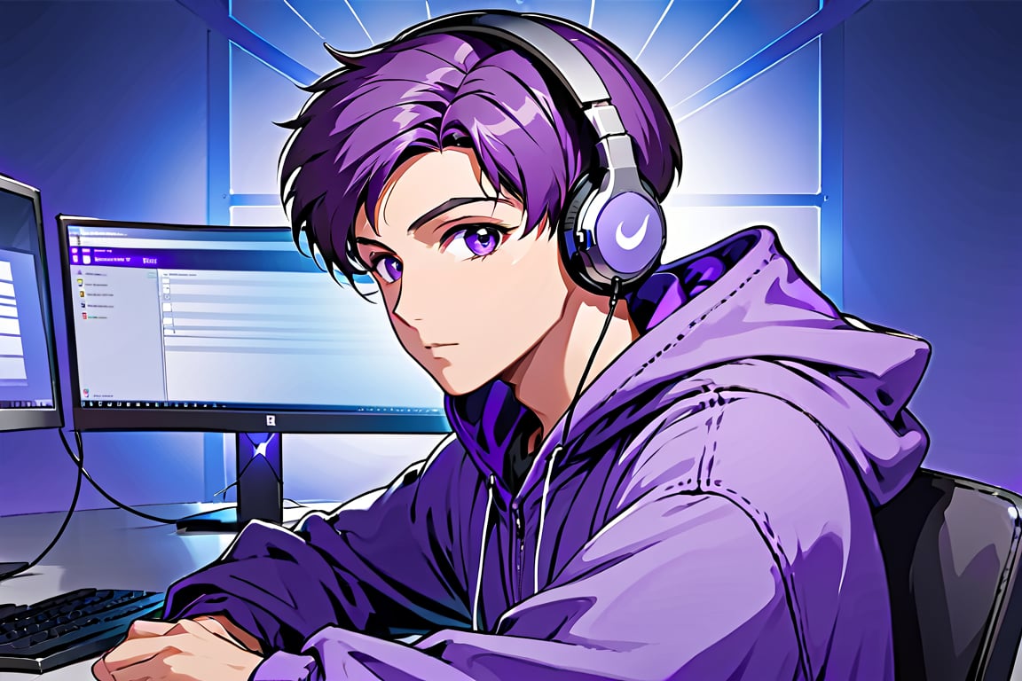 anime style, center, a man wearing a purple hoodie is sitting in front of a computer, a headset mic and mic in front view angle fornt side