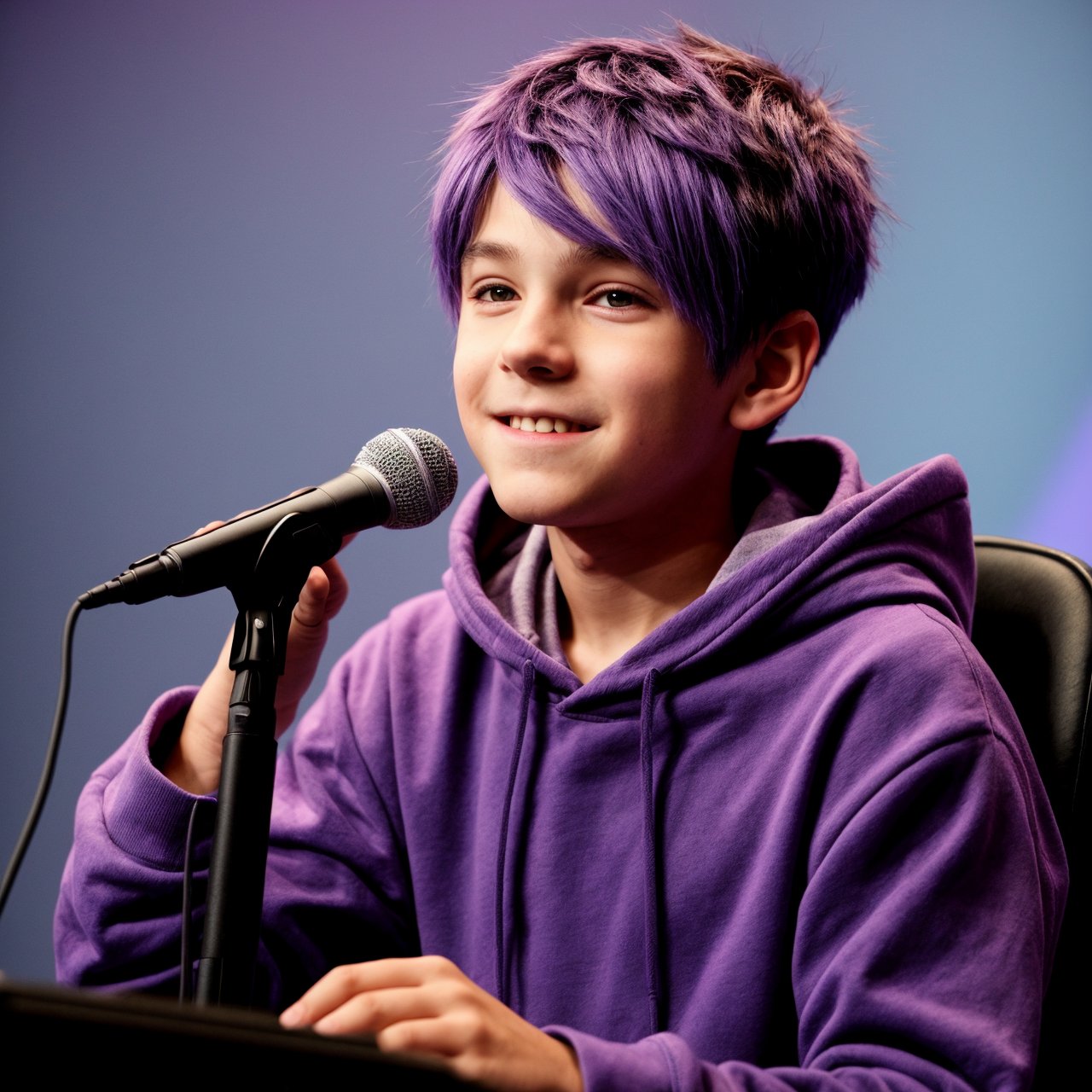 a anime boy in a purple hoodie is sitting in front of a microphone