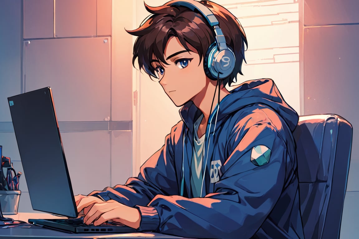 coder sitting in front of his laptop with his bi headphones on anime style, looking-at-viewer