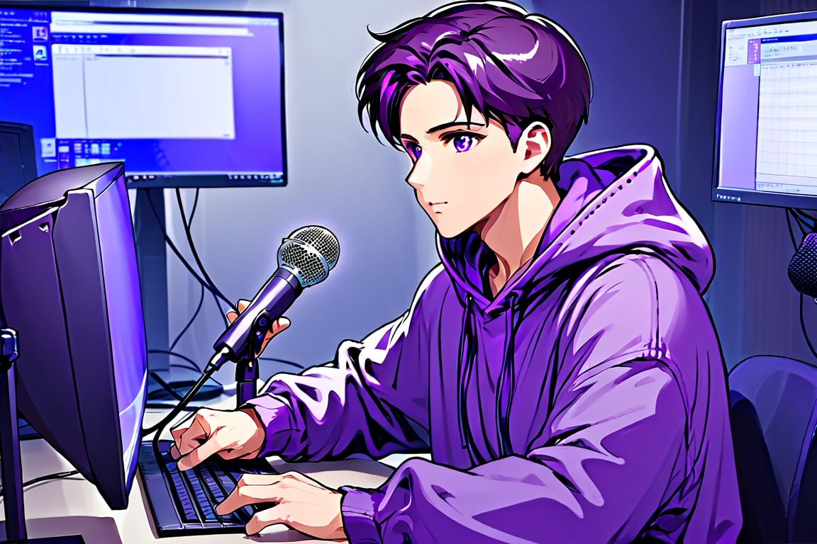 anime style , center, a man wearing a purple hoodie is sitting in front of a computer, holding a microphone in front of him. To the right of the man front face see,