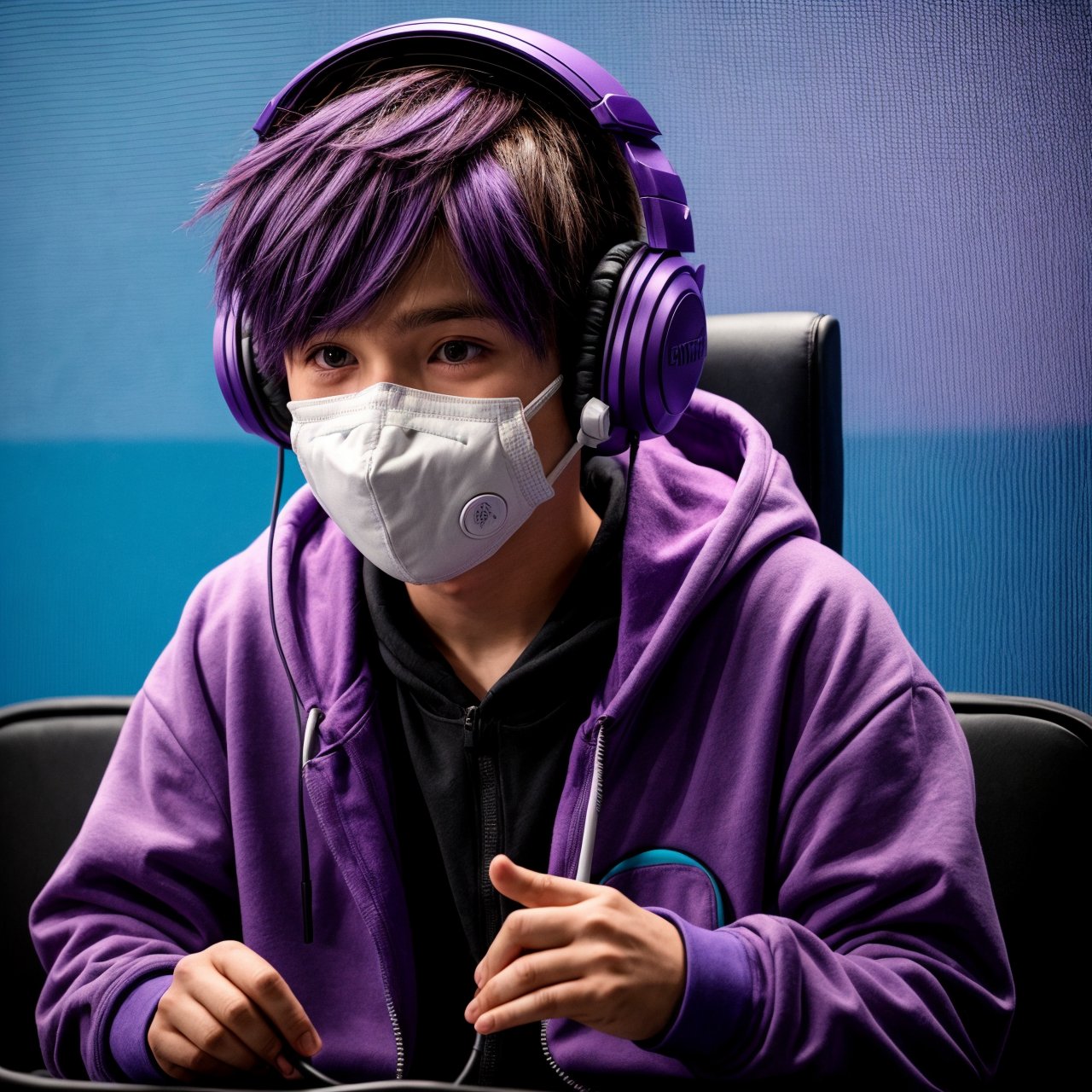 a anime boy wearing mask and headset in a purple hoodie is sitting in front of a microphone