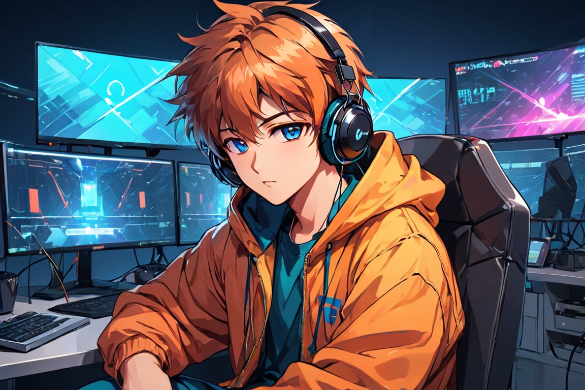 coder sitting looking on front side viewers  with his bi headphones on anime style, looking-at-viewer 4k hd wallpaper,