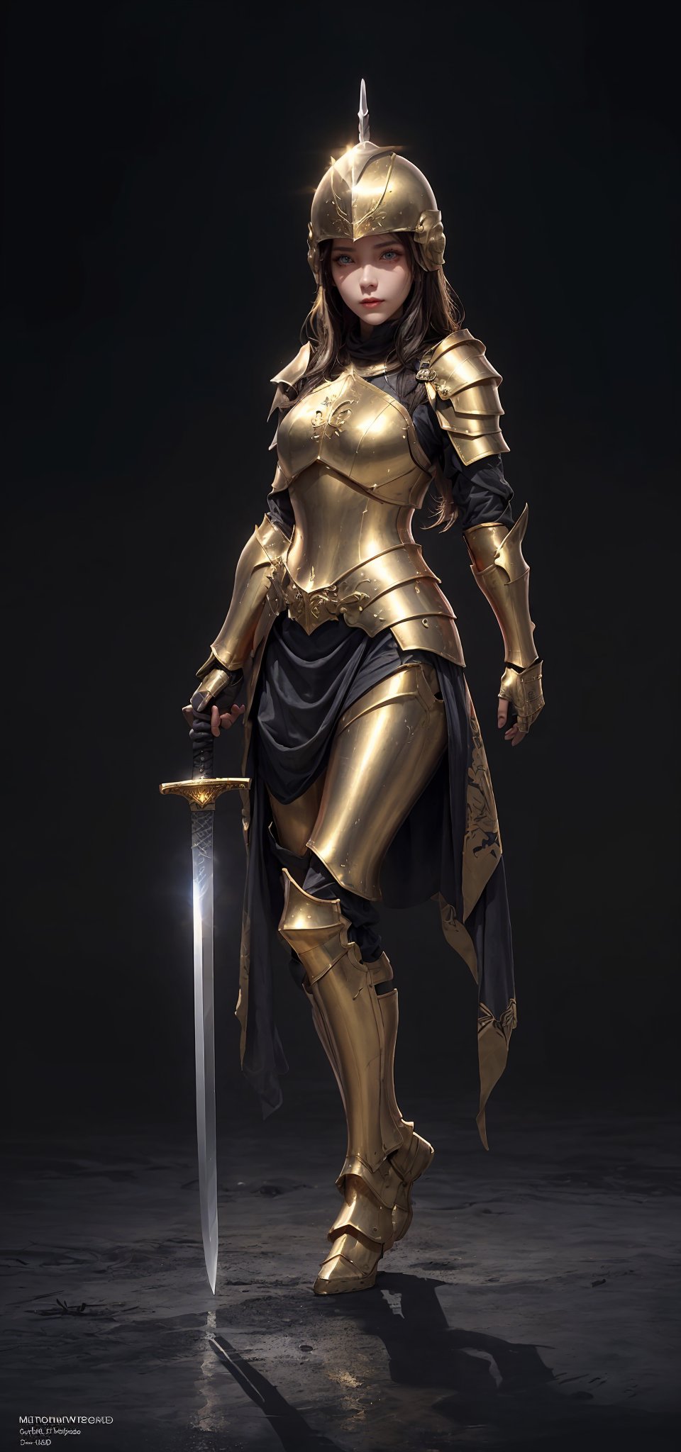 A girl dressed all in armor, a two-handed sword, golden armor, a helmet on her head covering her entire face, a battlefield, detail, high resolution, (solo), (full body show )