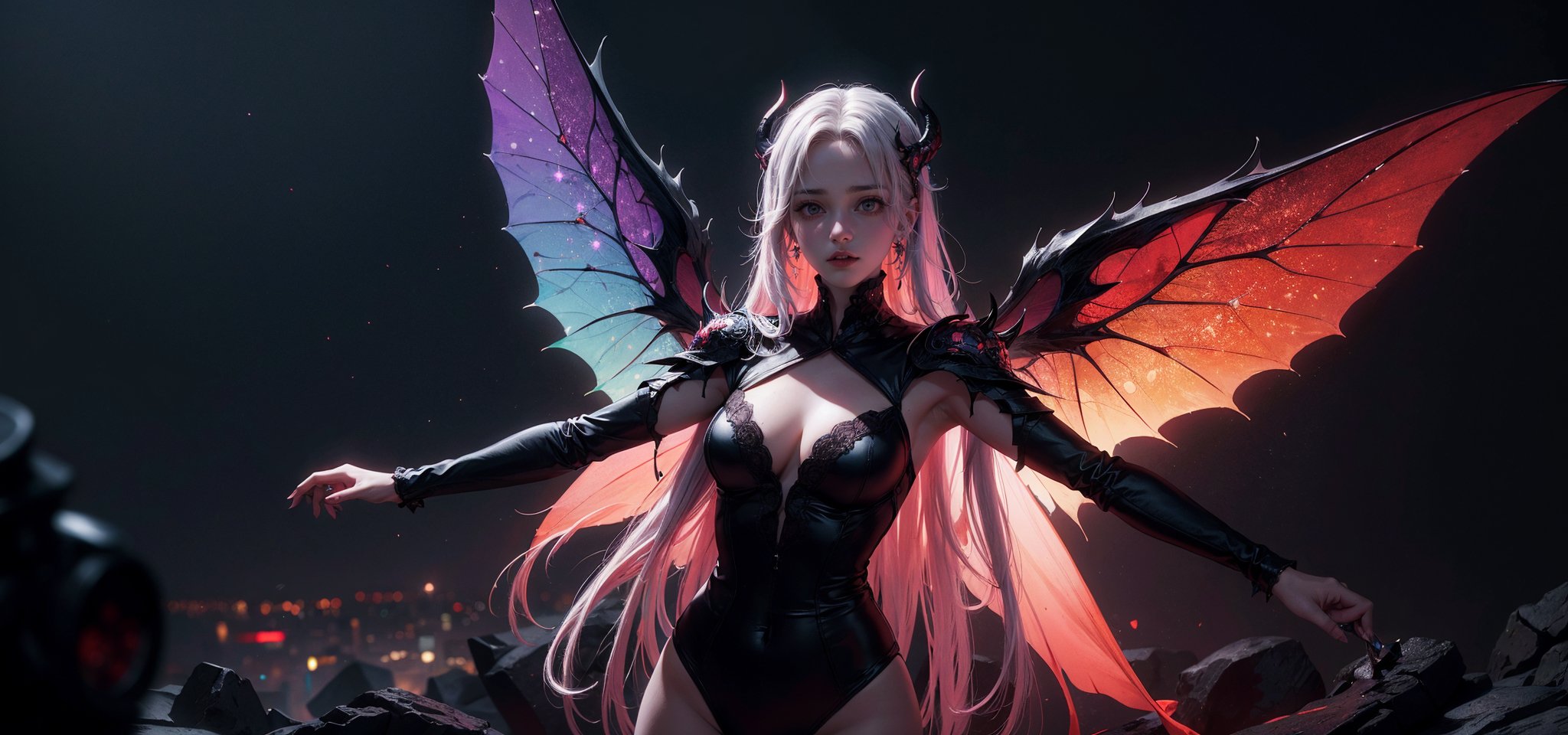 Plot, succubus girl posing in a fairy tale, white demon wings: 1.9, complex scene style, glitter, purple, realistic style, 8k, Exposure blending, medium shot, bokeh, (HDR: 1.4), high contrast, (cinematic, dark red and black film), (muted colors, dim colors, soothing tones: 1.3), low saturation, (over-detailed: 1.2), (noir: 0.4)