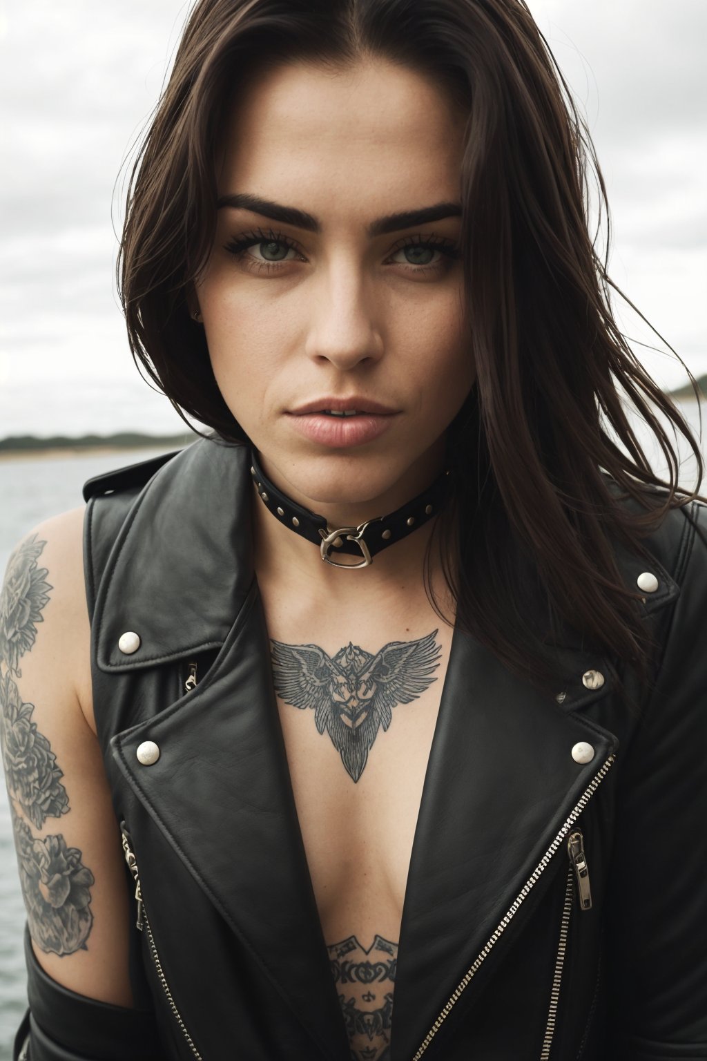 amator, beautiful face, biker girl, serious face, neck tatoo, analog style, instagram photo, club, real life photo, dramatic, atmospheric, realistic face, perfect eyes, biker outfit, super powerful pose, full body,