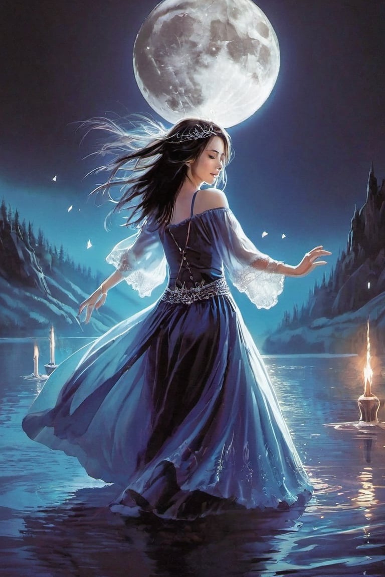 spirit of the dark lake,A girl dancing ,Magical Fantasy style