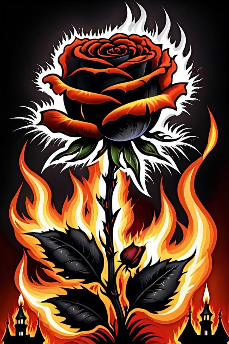 gothic fantasy, burning flower, black rose, fire, sparks, raging flames