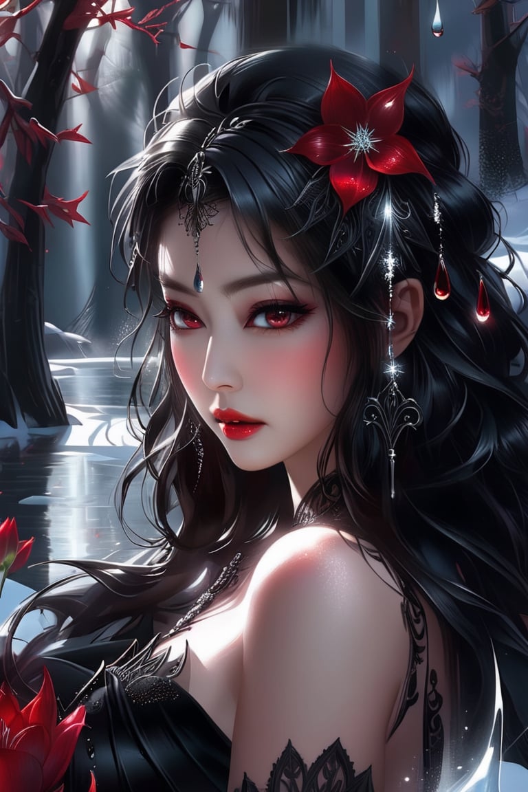 decorative art, gothic, close-up, black and red transparent glass, fantasy, gradient, water drops, bests, petals, patterns, hoarfrost, snow, moonlight, digital art, pastel, water drops, medium glow, cute and adorable, filigree, dynamic lighting, lights, extreme, magic, surreal, fantasy, digital art, realistic anime painting,jennierubyjenes