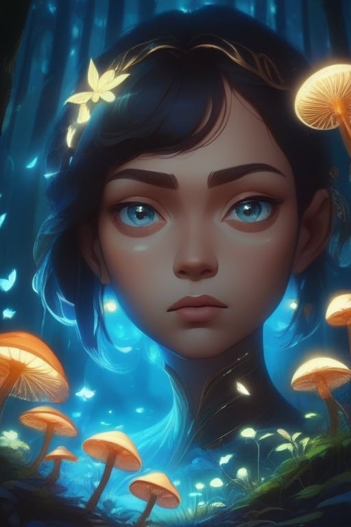 a cute korean large-eyed girl, slender and small face, very glossy skin, looking at viewer, dark moody quality, Fantasy art, digital art, delicate lines and textures, realistic and rich art, art of imaginative motifs, bioluminescent lighting, blue light, blue lighting, blue tint, detailed face and eyes, 1 girl, glow in the dark eyes, glow in the dark hair, detailed background, wandering in a lush bioluminescent glow in the dark forest, blue grass, blue leaves, forest, glow in the dark forest, bioluminescent forest, bioluminescent environment, florescent mushrooms, florescent environment, glowing mushrooms, glowing trees, glowing grass, glowing vegetation, bioluminescence, glowing particles in the air, light particles, blue butterflies, night, full body, magical creatures,arcane,dfdd