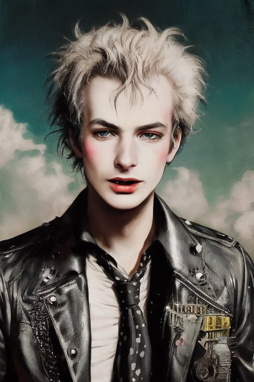 Punk pulp art of Sid Vicious singing "My Way" at a red pentimento clockwork with a whiter shade of pale going crazy in a punk world by Loui Jover and Pino Daeni and Henri de Toulous Lautrec, Richard Avedon, Yossi Kotler,monochrome,CURIOSITY