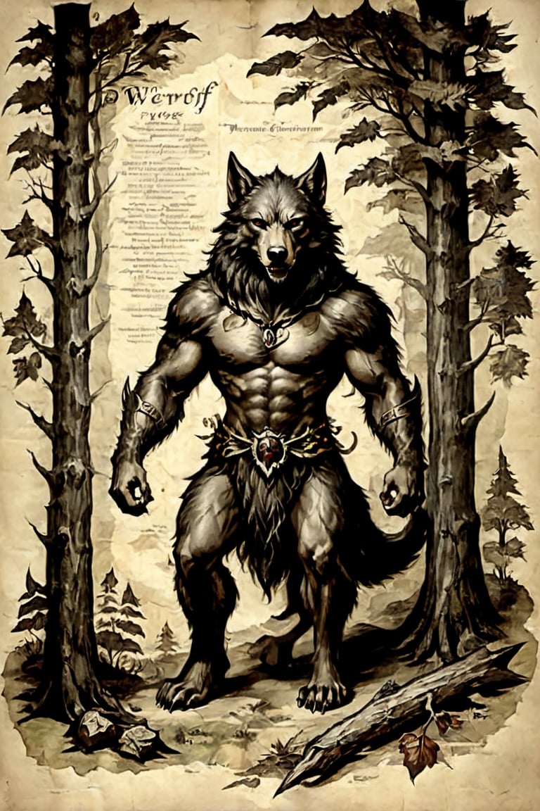 Werewolf - guardian of the forest,on parchment,vintagepaper