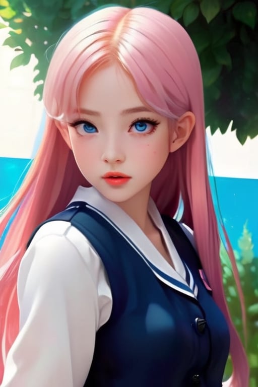 Schoolgirl with long pink hair, freckles and blue eyes wearing an elegant uniform in school, Art inspired by various talented artists and studios. The illustration depicts an anime school life scene influenced by the works of Guweiz, india eisley, Wlop, Ilya Kuvshinov, Artgerm, Makoto Shinkai, and Studio Ghibli. The style is a fusion of their unique art styles, combining vibrant colors, detailed backgrounds, and expressive characters.,chibi,jennierubyjenes