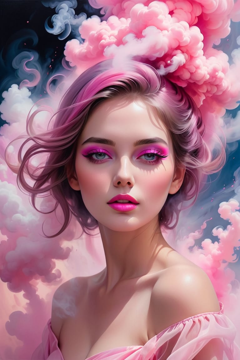 portrait of a woman covered in cloud of smoke, whirlwind, pink highlight colors, pink make-up, hints of pastel, misty, seductive, sultry, breathtaking, oil painting style, artistic, aesthetic modern art, hyper-realism