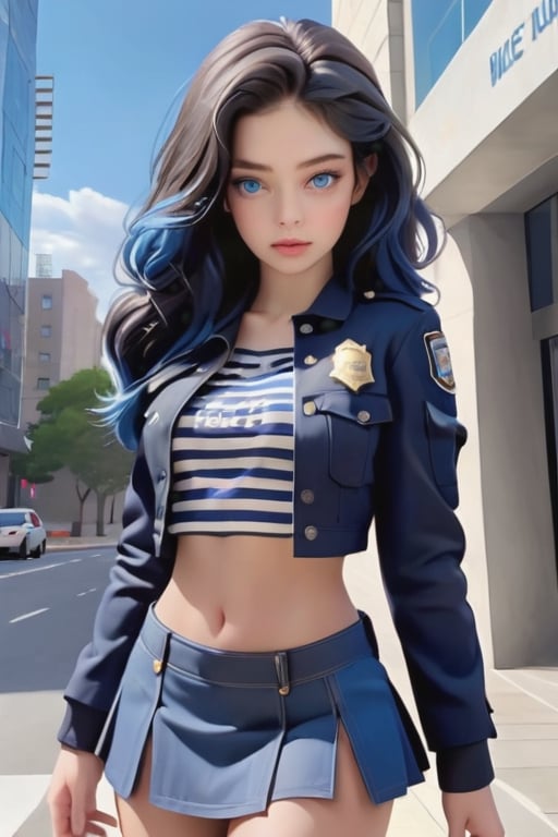 Solo lady, full body, (highly detailed :1.5), (((highly detailed police jacket))), (( Highly detailed police mini tightskirt)), ((Lightly curled midle black hair, blue eyes)), (kawaii: 1.5), (detailed cloth fabric: 1.4), (detailed embroidery, long boots: 1.4) , (vividity: 1.3), (striped shirt: 1.2), (face detail: 1.3), (eye detail: 1.3), (hair detail: 1.3), leaning against a building , downtown,blue hair,3d toon style,jennierubyjenes