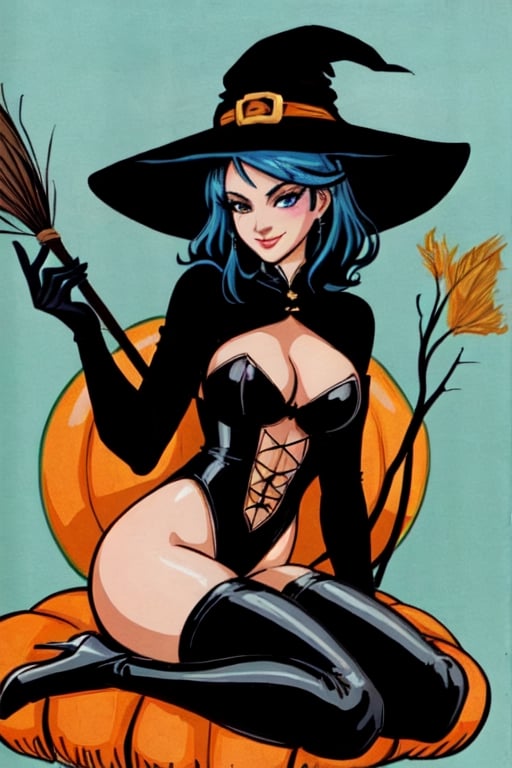 Full body of an alluring smiling witch in a black leotard sitting on a large pumpkin carved jack-o'-lantern, 2D, Pin-up art, UHD Pen and Ink drawing, Art by Rolf Armstrong and background by Wes Anderson., witch hat, broom, gloves, sharp focus, staring contrast, perfect anatomy, illustrative, painterly, highly detailed, graphic illustration, comic art, graphic novel art, vibrant, detailed character design,cloudstick, no humans