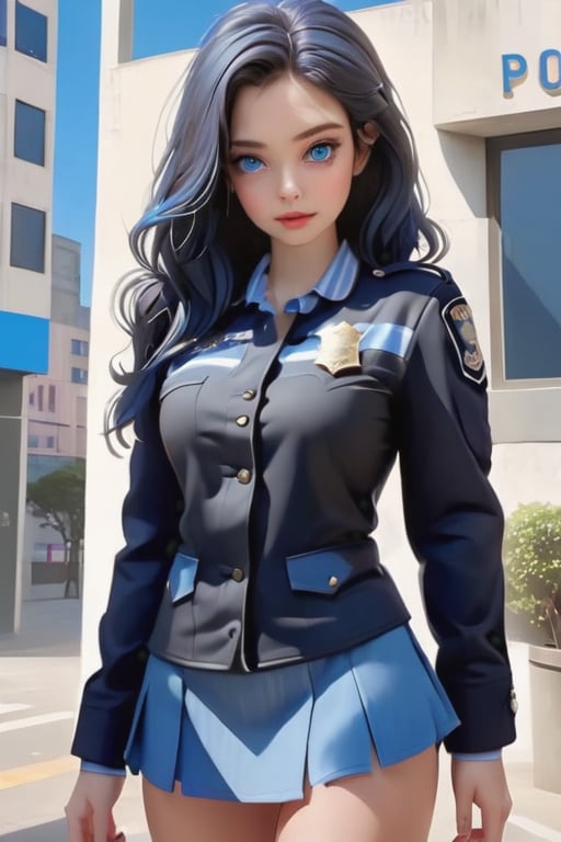 Solo lady, full body, (highly detailed :1.5), (((highly detailed police jacket))), (( Highly detailed police mini tightskirt)), ((Lightly curled midle black hair, blue eyes)), (kawaii: 1.5), (detailed cloth fabric: 1.4), (detailed embroidery, long boots: 1.4) , (vividity: 1.3), (striped shirt: 1.2), (face detail: 1.3), (eye detail: 1.3), (hair detail: 1.3), leaning against a building , downtown,blue hair,3d toon style,jennierubyjenes