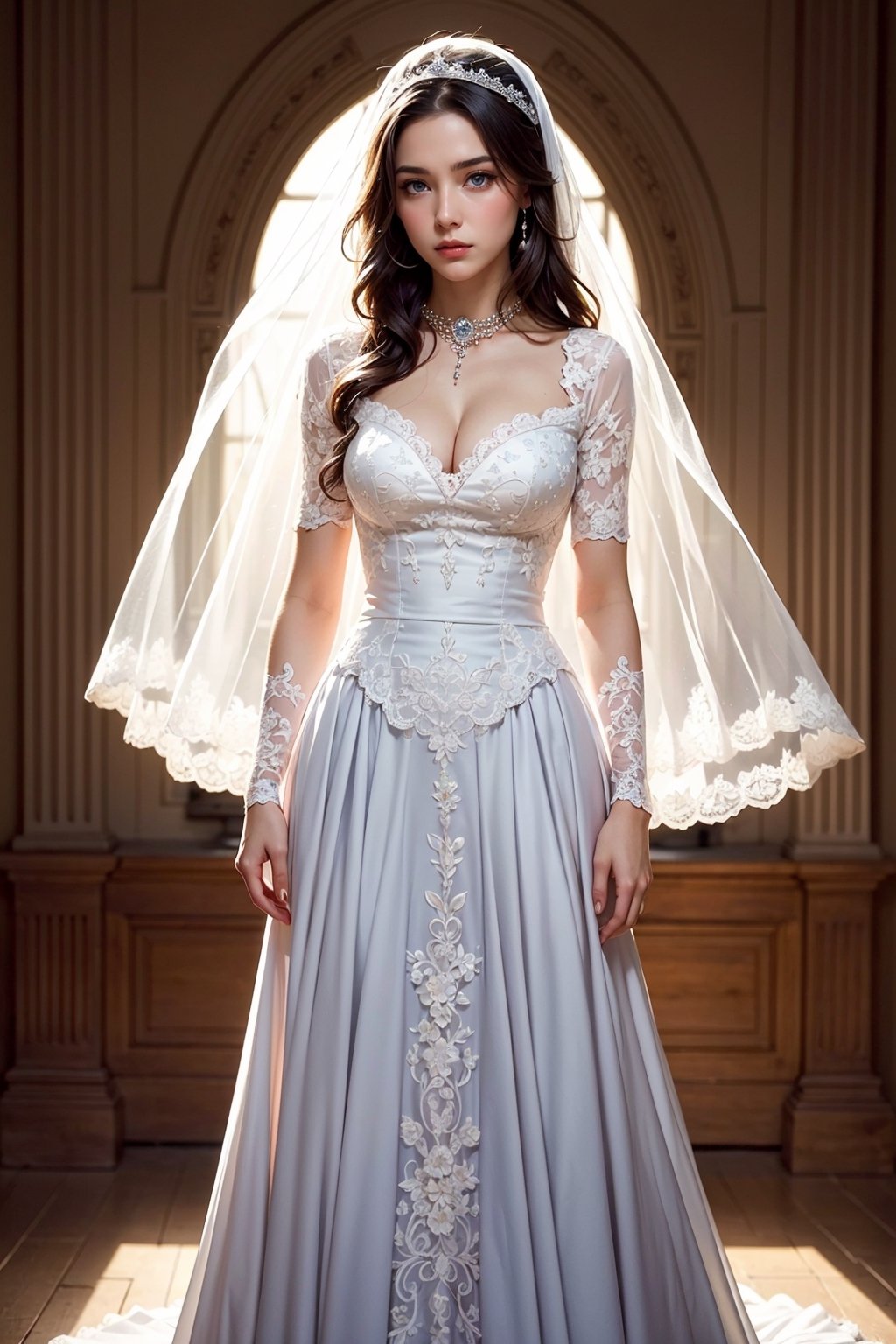 1Girl, brunette model, 23 yo, greyish blue eyes, sad eyes, long hair, beautiful face, nice body, wearing a gothic wedding dress style, lace, long sleeves, high neckline, pearls, intrincated design, detailed, embroidery, flowers and juilet veil, standing position, face focus, face detailed, portrait, art station dress, 4k, European architecture background, full body, sad expression, masterpiece by Greg rutkowski, realistic, detailed, professional camera shot