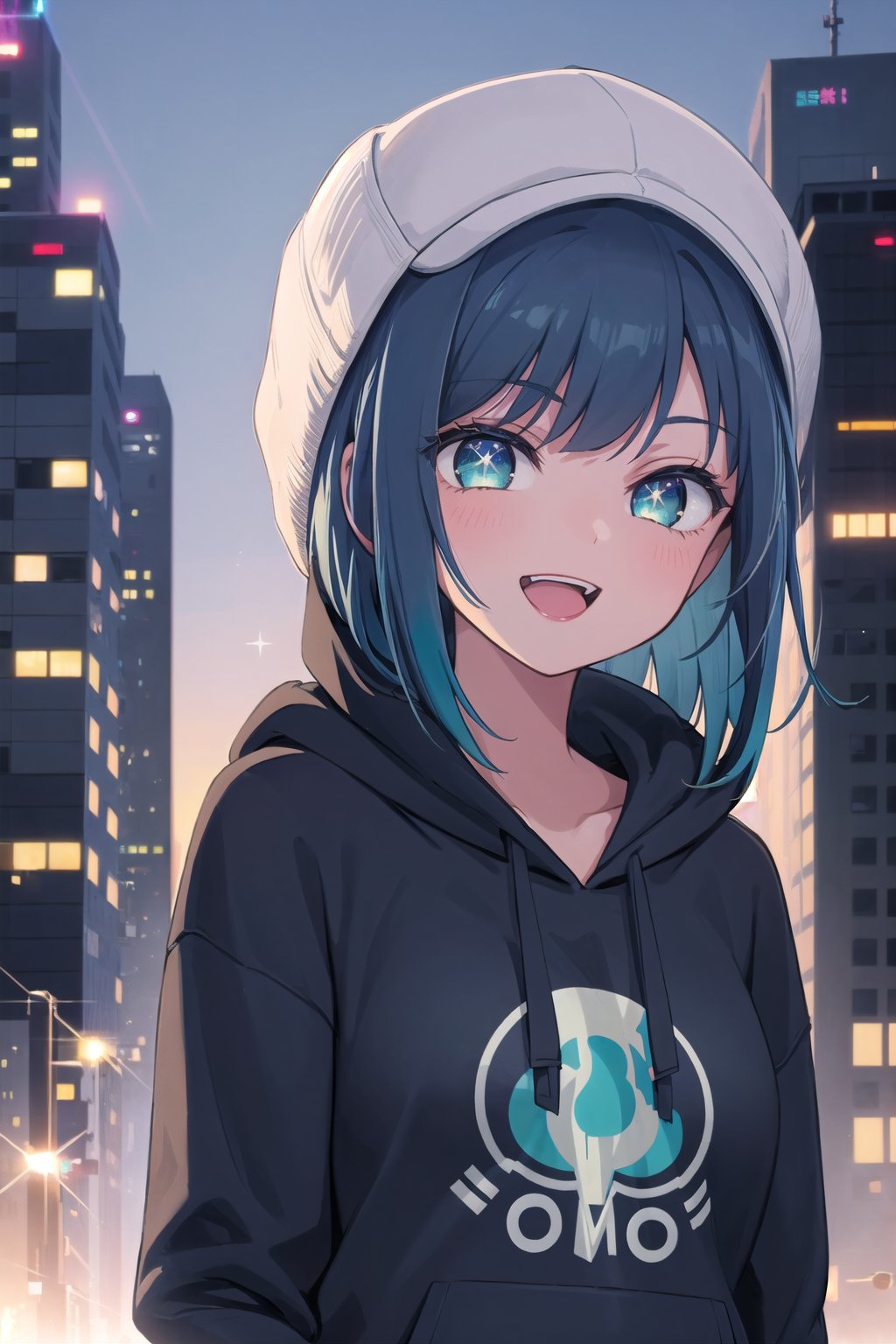 1girl, aqua inner hair, dark hair, blue hair, medium bob hair, dark gray hoodie, city lights, sunset, buildings, cityscape, depth of field, lens flare, cyberpunk, hacker, hat, sparkle, sparkle eyes, smile, open mouth, close-up, hmakane