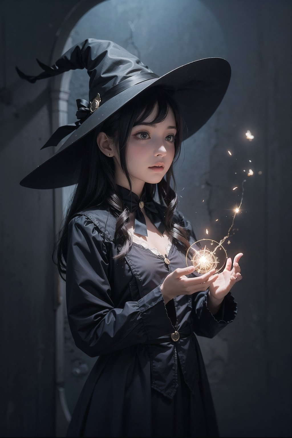 (masterpiece), 1girl, witch, magic circle, black cat, light particles