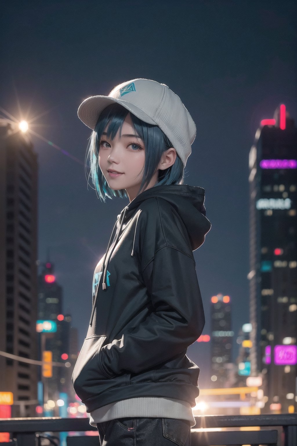 1girl, aqua inner hair, dark hair, blue hair, (medium bob hair) , dark gray hoodie, city lights, sunset, buildings, cityscape, depth of field, lens flare, cyberpunk, hacker, hat, smile, open mouth, dynamic pose, asian, kawaii, cute, realistic, tilt shift, medium shot, visually stunning, 