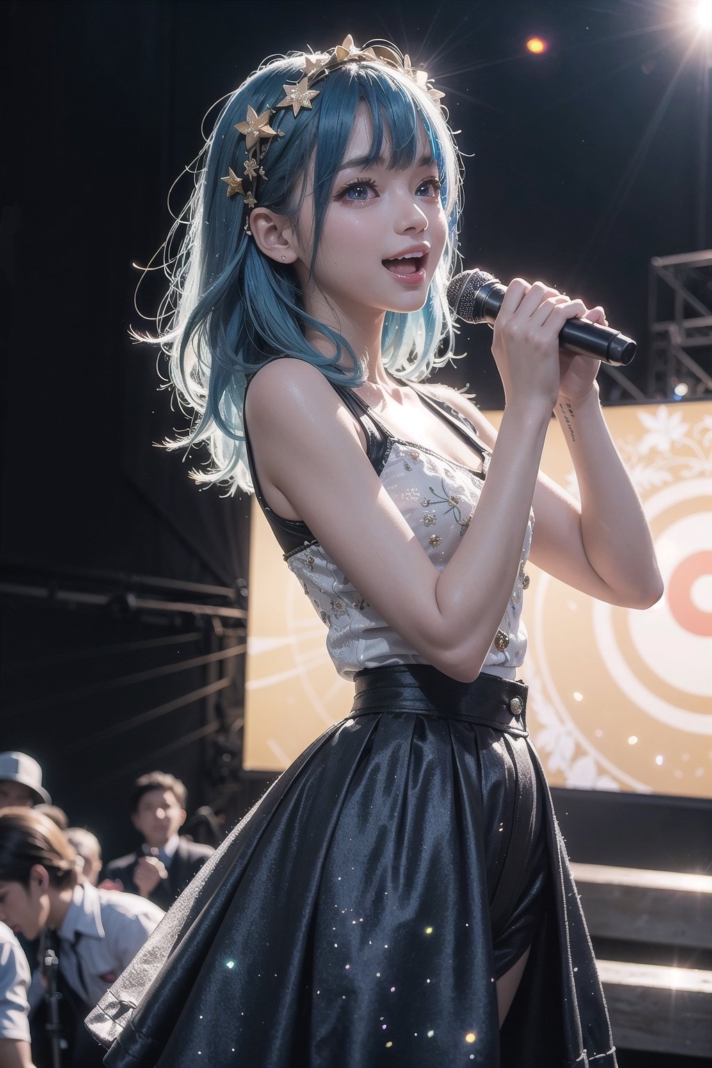 (masterpiece), best quality, high resolution, highly detailed, detailed background, perfect lighting, 1girl, singing, medium hair, hair accessories, blue hair, multicolor hair, starry eyes, idol, long skirts, small breasts, concert stage, concert hall, backlighting, bright smile, bloom, bokeh, lensflare, light particles,