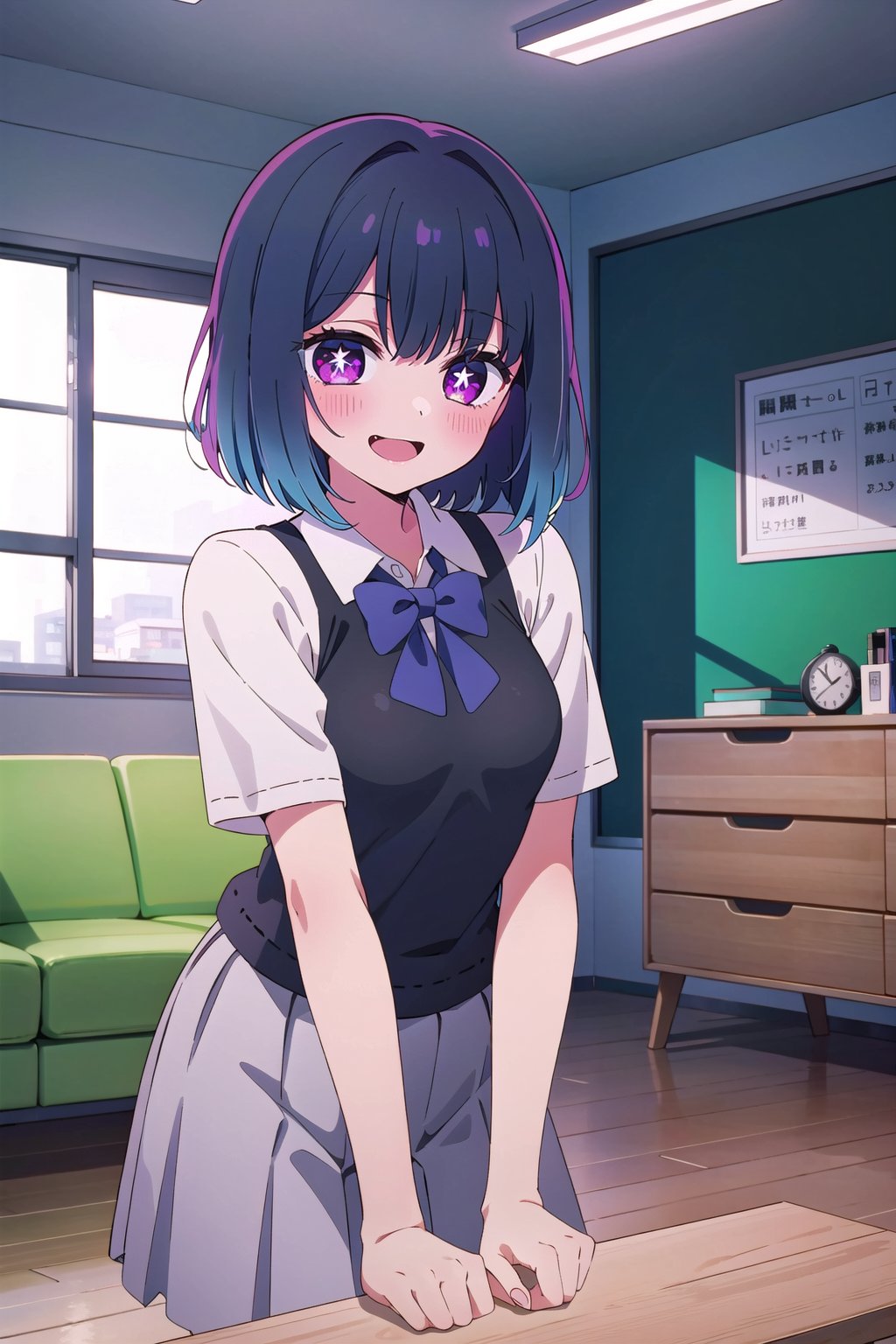 (masterpiece), best quality, high resolution, highly detailed, detailed background, perfect lighting, indoor, living room, 1girl, black hair, short hair, gradient hair, small breasts, casual, cute, blush, looking at viewer, open mouth, evil smile, symbol-shaped pupils, school uniform, cowboy shot, oshi no ko,