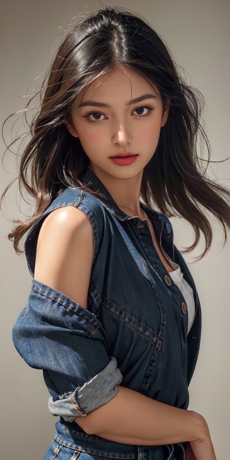 pretty 1girl, long straight black hair, wearing denim cover all fashion, super high quality, real images, lifelike, real skin, soft lighting, Cinematic, (Surrealism: 1.2), (8K UHD: 1.2), (Photorealism: 1.2), Shot with medium format camera, Professional camera, Perfectly Delicate and Rich in Detail, (masterpiece, top quality, best quality, official art, beautiful and aesthetic:1.2), (((1girl))), dynamic pose, extreme detailed,Big bearsts