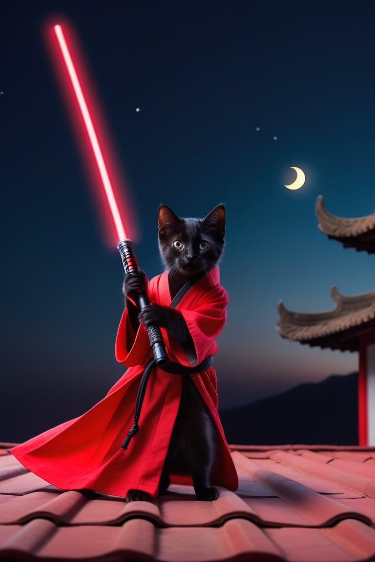 Long shot of character, movie style, on the tile roof, a cute black kitten ((red neon light saber in hand, flying forward, feet off the roof)), wearing ancient Chinese robe, flowing robe, bright moon in the sky, Chinese martial arts style, dynamic pose action, 32K.