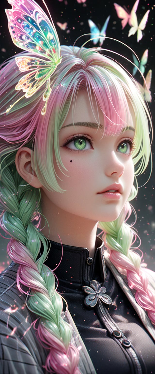 1girl, solo, long hair, bangs, green eyes, pink hair, braid, multicolored hair, full pink VFX, parted lips, japanese clothes, green hair, mole, twin braids, two-tone hair, lips, eyelashes, mole under eye, gradient hair, looking away, bug, pink VFX butterfly, portrait, haori, demon slayer uniform, kanroji mitsuri, dynamic pose action 