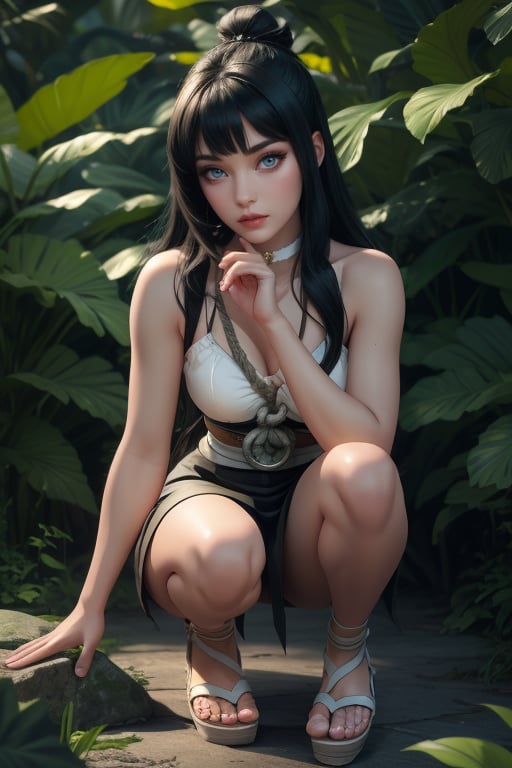 Hinata from naruto in her adult, long black hair, byakugan eyes, wearing pastel goth clothing | alt clothing | egirl clothing | egirl clothing | Anime Cosplay | Streetwear | Gothicwear | Women Clothing, simple white choker, white clog sandals, rope belt, prehistoric world, jungle, walking, bokeh, depth of field, hyper realism shadows, ((best quality)), ((masterpiece)), ((realistic:1.3)), (detailed:1.3), ultra high res, ,photorealism:1.3, ((perfect hand)) ,raw photo:1.3, ultra detailed,detailed skin, Highly detailed face and skin texture, detailed eyes, double eyelids, very dark green eyes, dynamic light, pose, facial pore detail, full body, view from front and knee up, looking at viewer