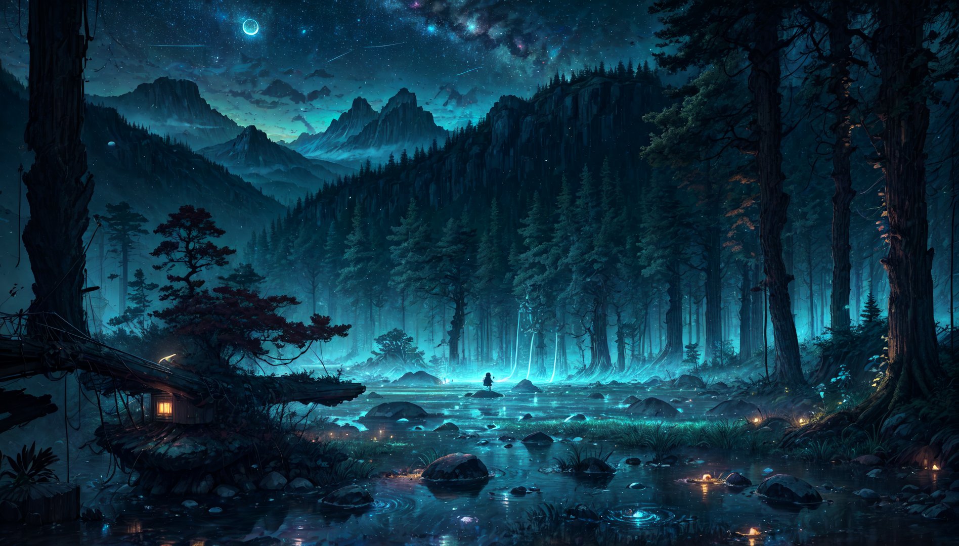 masterpiece, best quality, ultra-detailed, illustration, 1girl, solo, outdoors, camping, night, mountains, nature, stars, moon, bonfire, tent, twin ponytails, green eyes, cheerful, happy, backpack, sleeping bag, camping stove, water bottle, mountain boots, gloves, sweater, hat, flashlight, forest, rocks, river, wood, smoke, shadows, contrast, clear sky, constellations, Milky Way, peaceful, serene, quiet, tranquil, remote, secluded, adventurous, exploration, escape, independence, survival, resourcefulness, challenge, perseverance, stamina, endurance, observation, intuition, adaptability, creativity, imagination, artistry, inspiration, beauty, awe, wonder, gratitude, appreciation, relaxation, enjoyment, rejuvenation, mindfulness, awareness, connection, harmony, balance, texture, detail, realism, depth, perspective, composition, color, light, shadow, reflection, refraction, tone, contrast, foreground, middle ground, background, naturalistic, figurative, representational, impressionistic, expressionistic, abstract, innovative, experimental, unique
