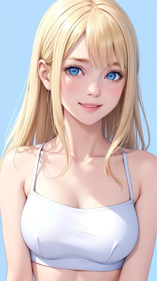 1girl, (blue_eyes), light smile, blush, blonde-hair, white crop-top, collarbone, looking at viewer, photo, realistic, masterpiece, best quality, super detail, (soft blue background)