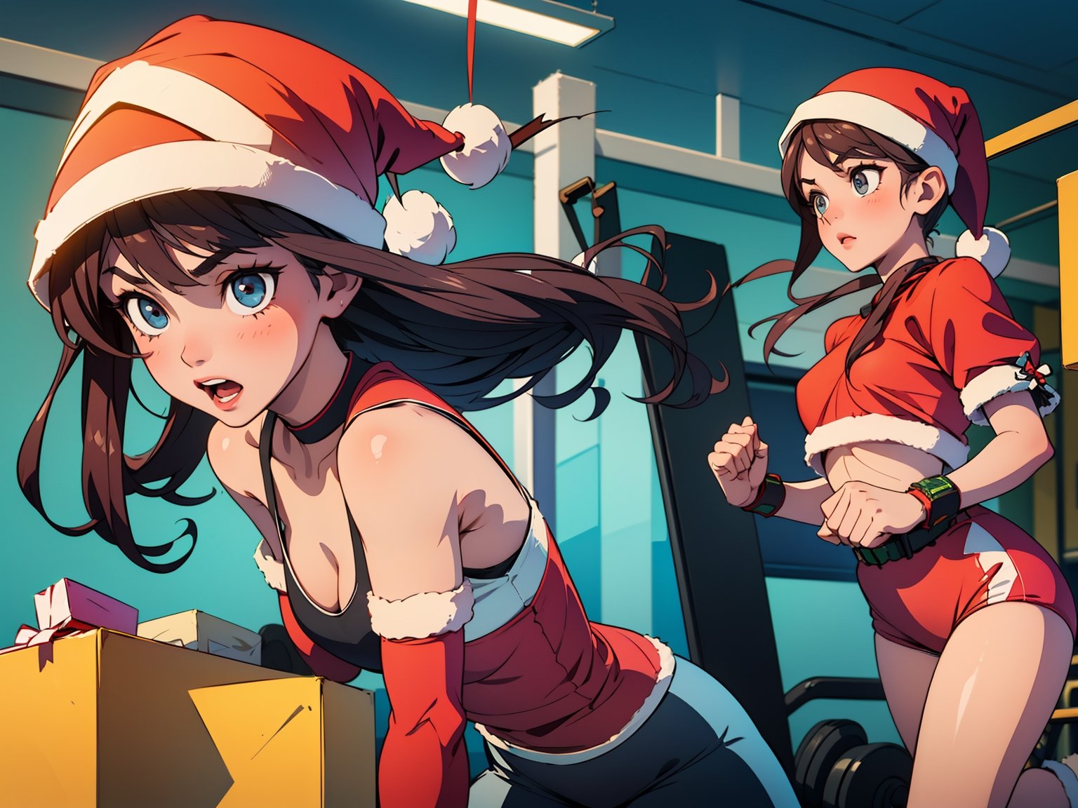 (Santa Claus with cute girls attending him), running, (running machine), (Santa‘s secret), (((Santa’s Fitness))), (in the fitness gym), masterpiece, best quality, super detail