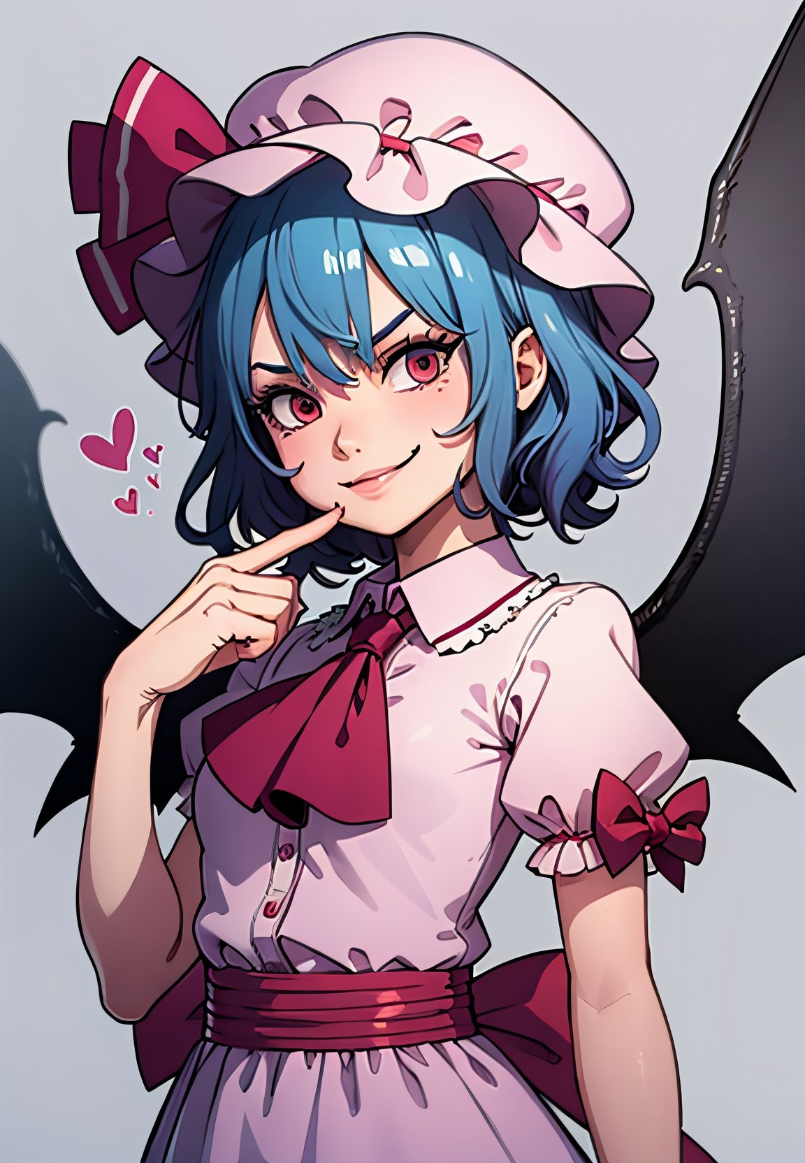 masterpiece, best quality,  ,1girl,pink dress,mob cap,ribbon,blue hair,evil smile,bow,ascot,wings,grey background, (kbxll:0.8)