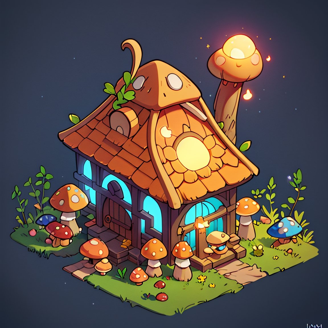 ((masterpiece,best quality)), absurdres, , Isometric_Setting, Mushroom_Girl, mushrooms, Mushroom house, magic, glowing,  