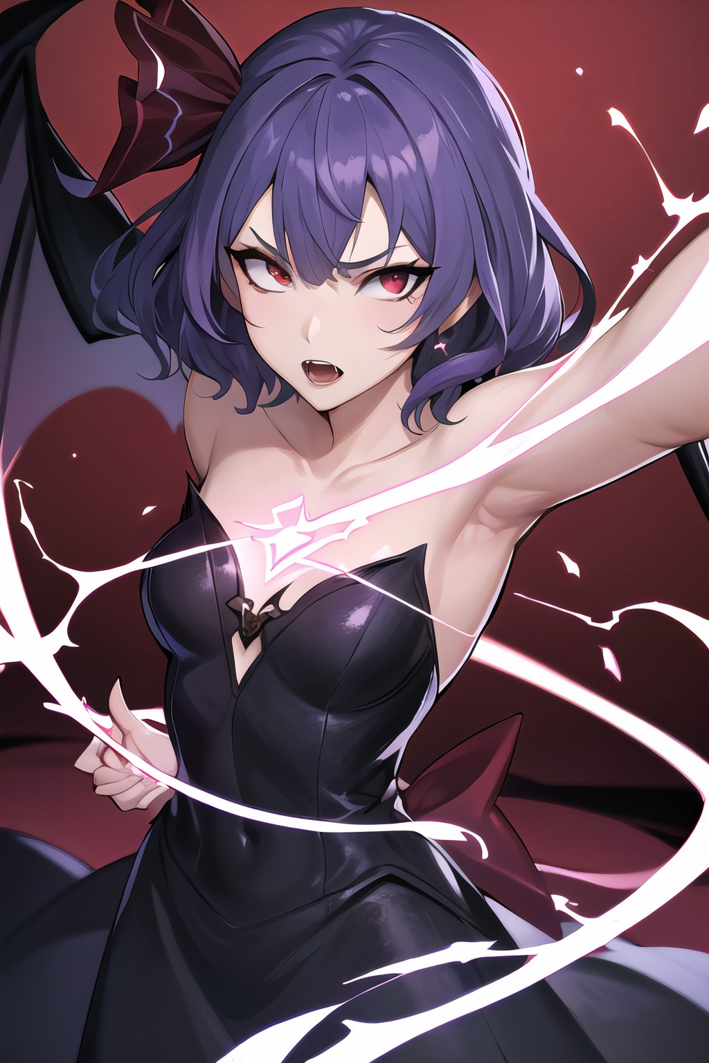 ((masterpiece,best quality)), absurdres,, Tala_DC, detailed face,  black dress,magic in background, cinematic composition, dynamic pose, remilia scarlet, short blue hair, red eyes, vampire, 