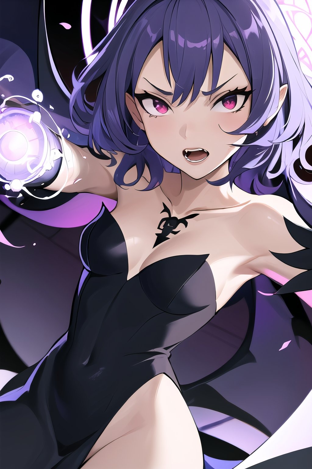 ((masterpiece,best quality)), absurdres,, Tala_DC, detailed face,  black dress,magic in background, cinematic composition, dynamic pose, remilia scarlet, short blue hair, red eyes, vampire, 